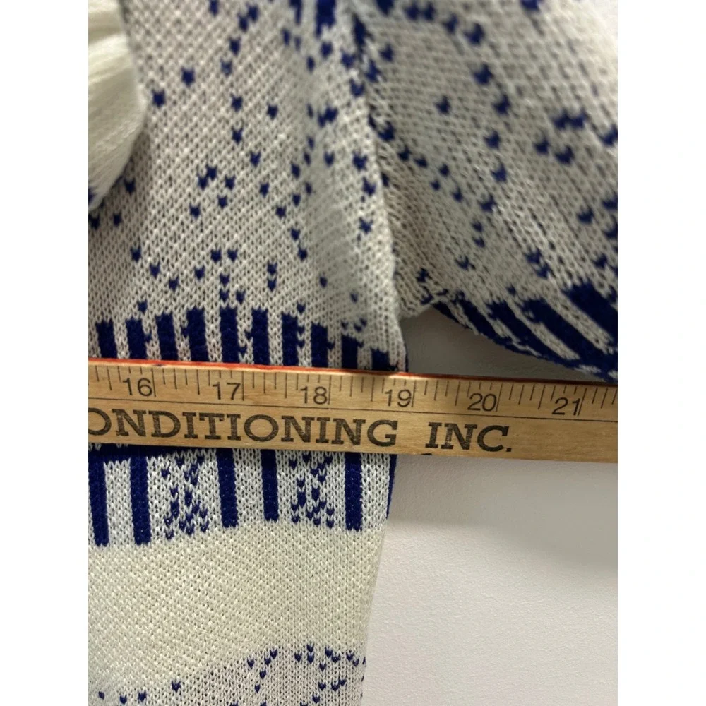 Lulu Fushi Blue White Geometric Open Front Waterfall Cardigan Sweater Small